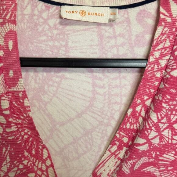 Tory Burch Abstract Print V Neck Button Down Cardigan White And Pink Size Medium - Picture 8 of 12